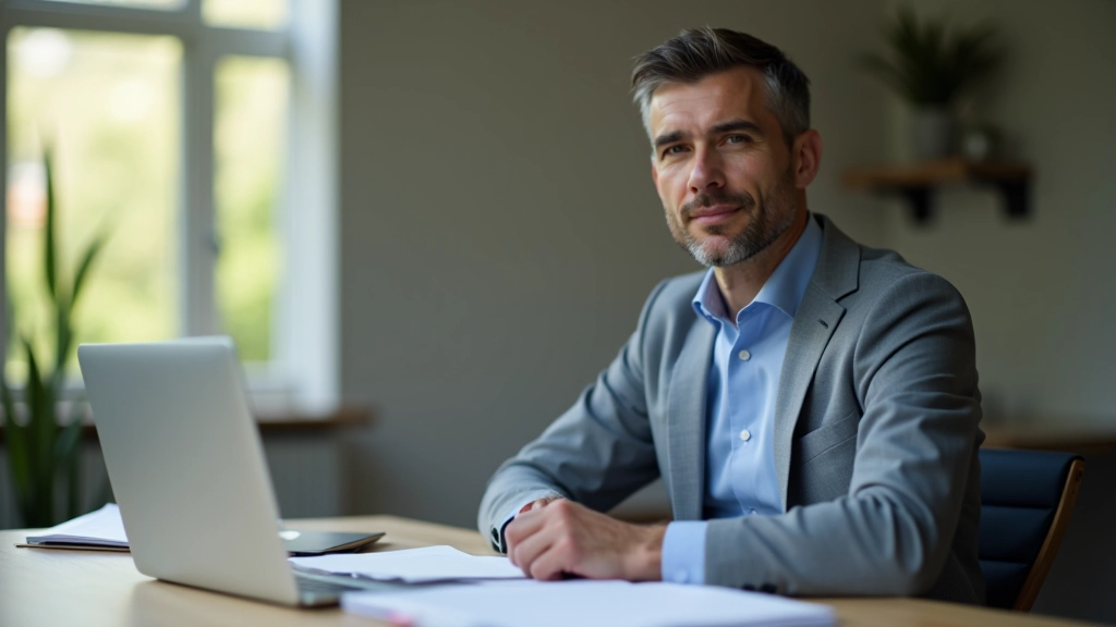 Selbstständiger arbeitet an Laptop und berechnet Steuerersparnisse für Rürup-Rente
