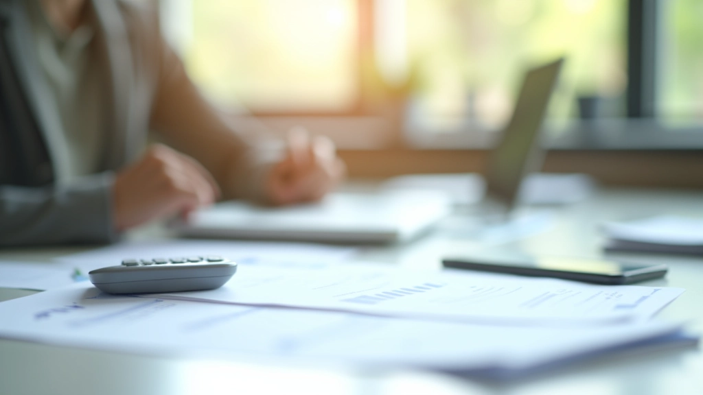 Modernen Büroarbeitsplatz mit Laptop und Rentendokumenten auf dem Schreibtisch