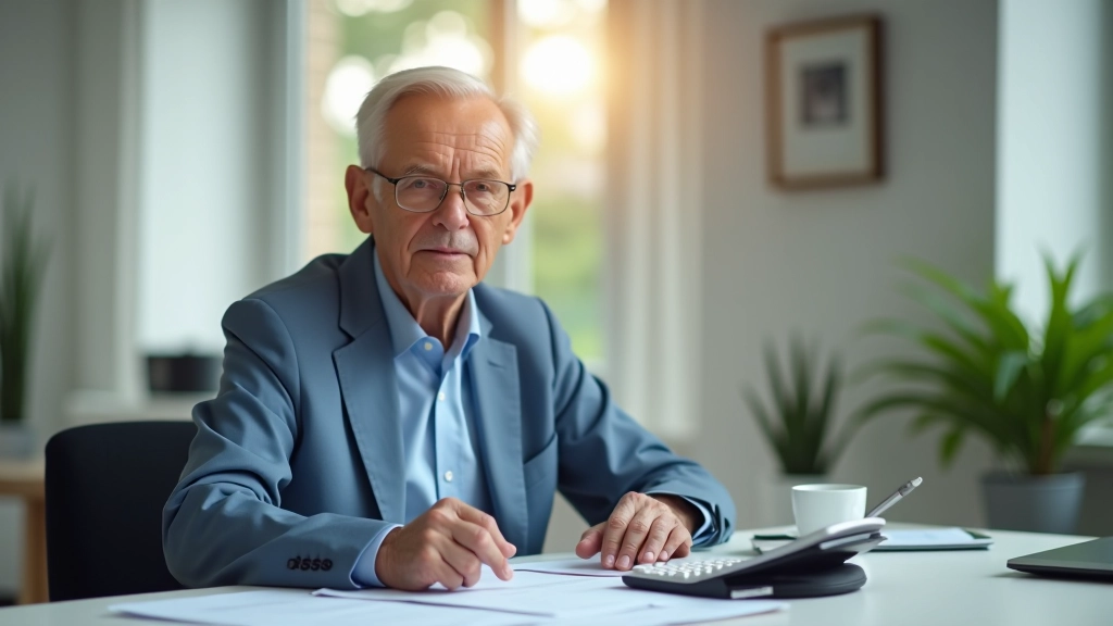 Ältere Person sitzt am Schreibtisch mit Dokumenten und Taschenrechner